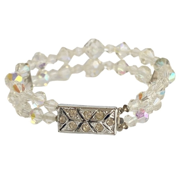 Vintage Aurora Borealis Crystal Bracelet Double Strand Rhinestone AB Iridescent - Picture 1 of 9